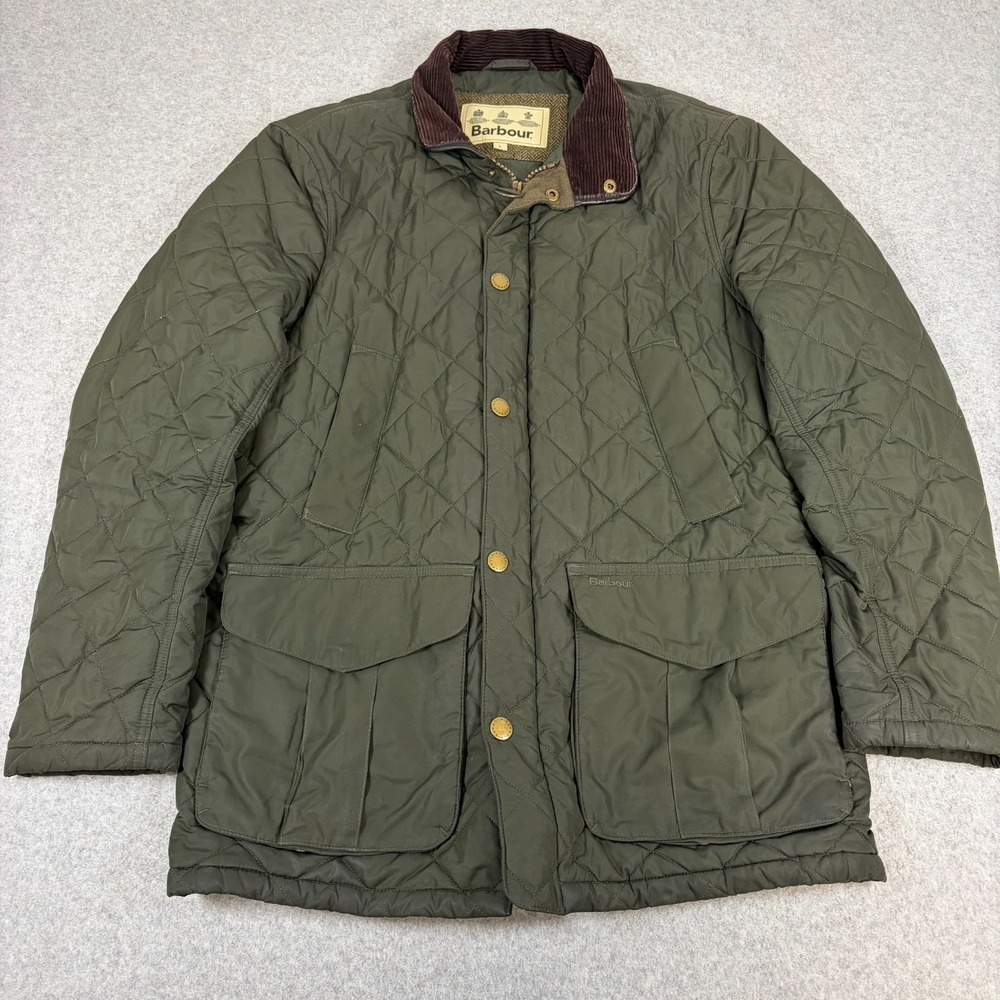 Barbour Devon Quilted Jacket Mens Large Green Snap Zip Outdoors Corduroy